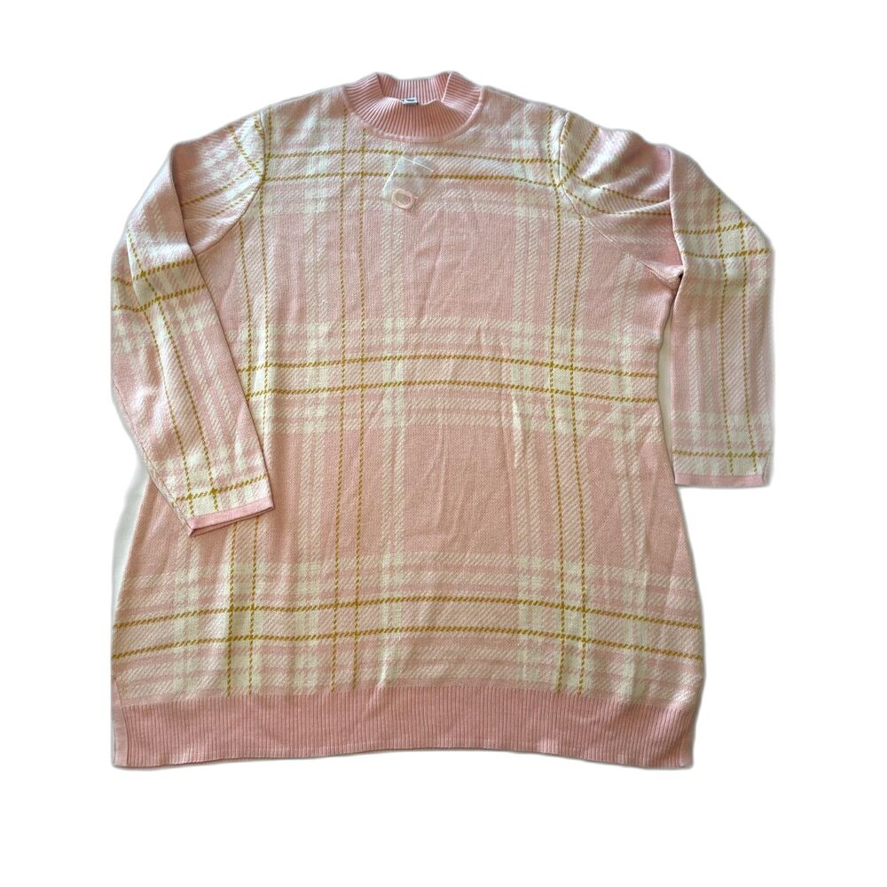 Isaac Mizrahi Live COTTON BLEND Long Sweater Womens XL MOCK White & Pink Plaid